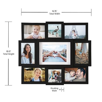 9-Opening Collage Frame, Made to Display One (1) 5" x 7", Two (2) 4" x 4" and Six (6) 4" x 6" Pictures, Black