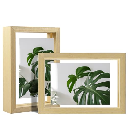 Floating Frames Set of 2, Double Glass Picture Frame, Made of Solid Wood Display Any Size Photo up to 11x14, Wall Mount or Tabletop Standing