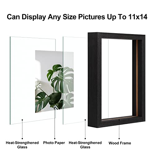 Floating Frames Set of 2, Double Glass Picture Frame, Made of Solid Wood Display Any Size Photo up to 11x14, Wall Mount or Tabletop Standing