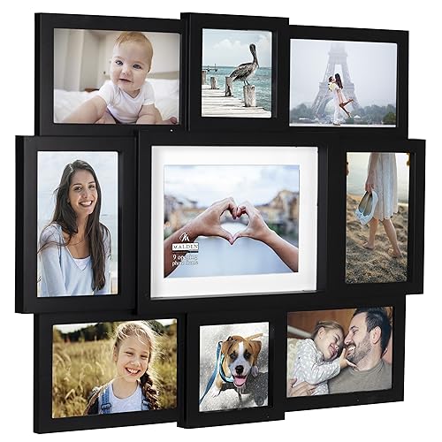 9-Opening Collage Frame, Made to Display One (1) 5" x 7", Two (2) 4" x 4" and Six (6) 4" x 6" Pictures, Black