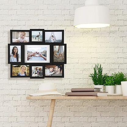 9-Opening Collage Frame, Made to Display One (1) 5" x 7", Two (2) 4" x 4" and Six (6) 4" x 6" Pictures, Black