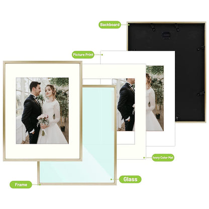 7 Pack Floating Frames for One 11x14, Two 8x10, and Four 5x7 Pictures. Aluminum Photos Frame for Wall Display