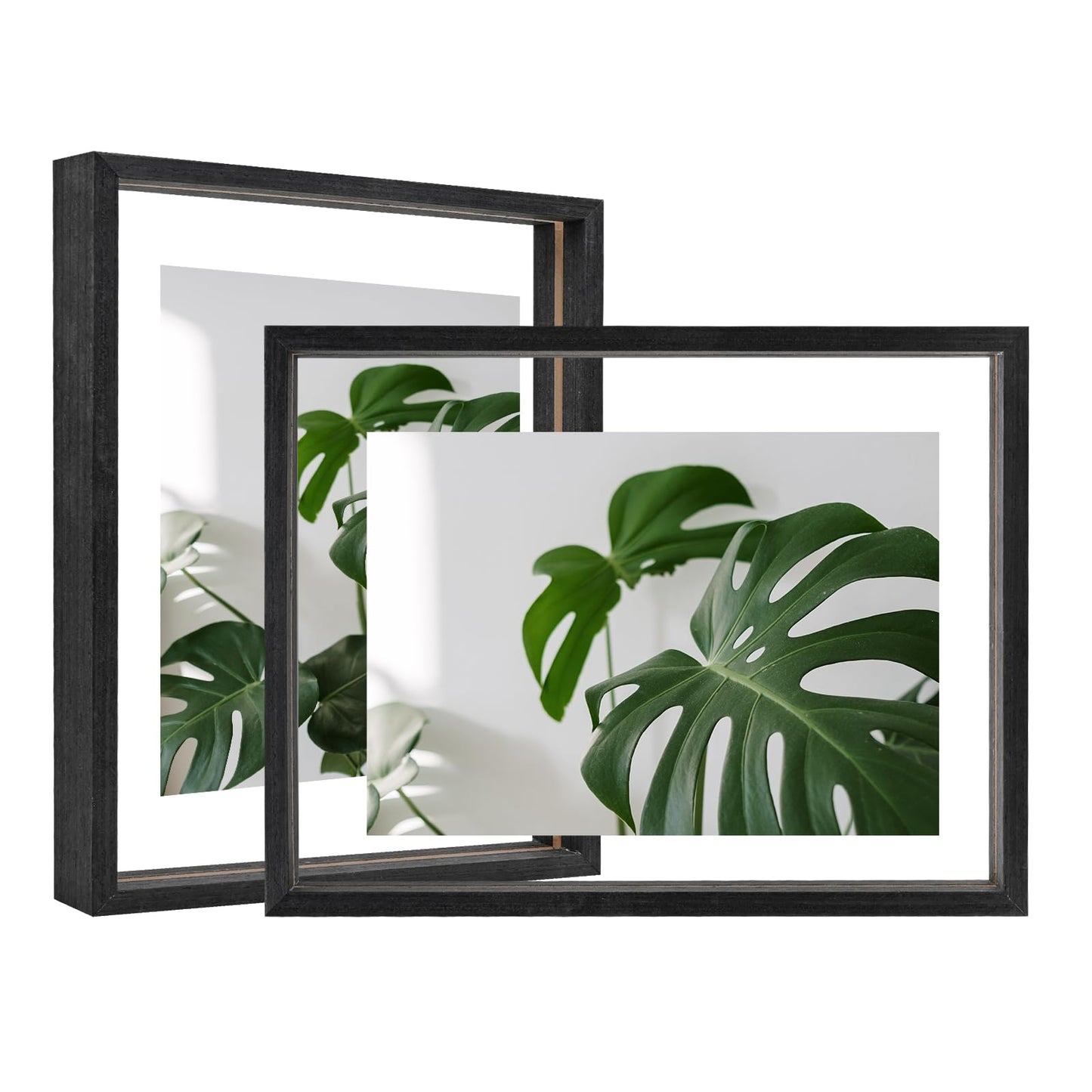 Floating Frames Set of 2, Double Glass Picture Frame, Made of Solid Wood Display Any Size Photo up to 11x14, Wall Mount or Tabletop Standing