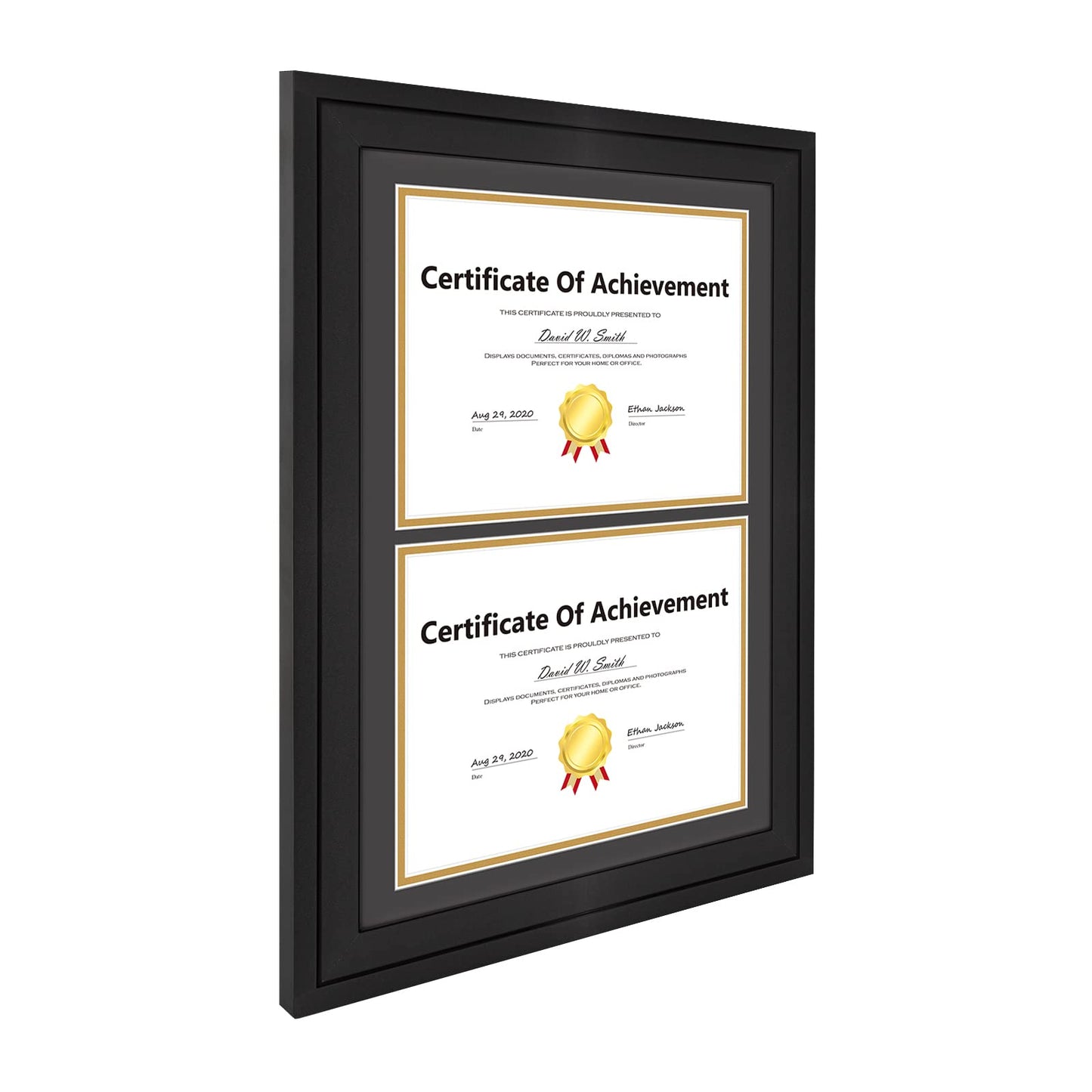 14x20 Double Diploma Frame, Black Frame to Display Double 8.5x11 Document, Solid Wood & Tempered Glass Protection