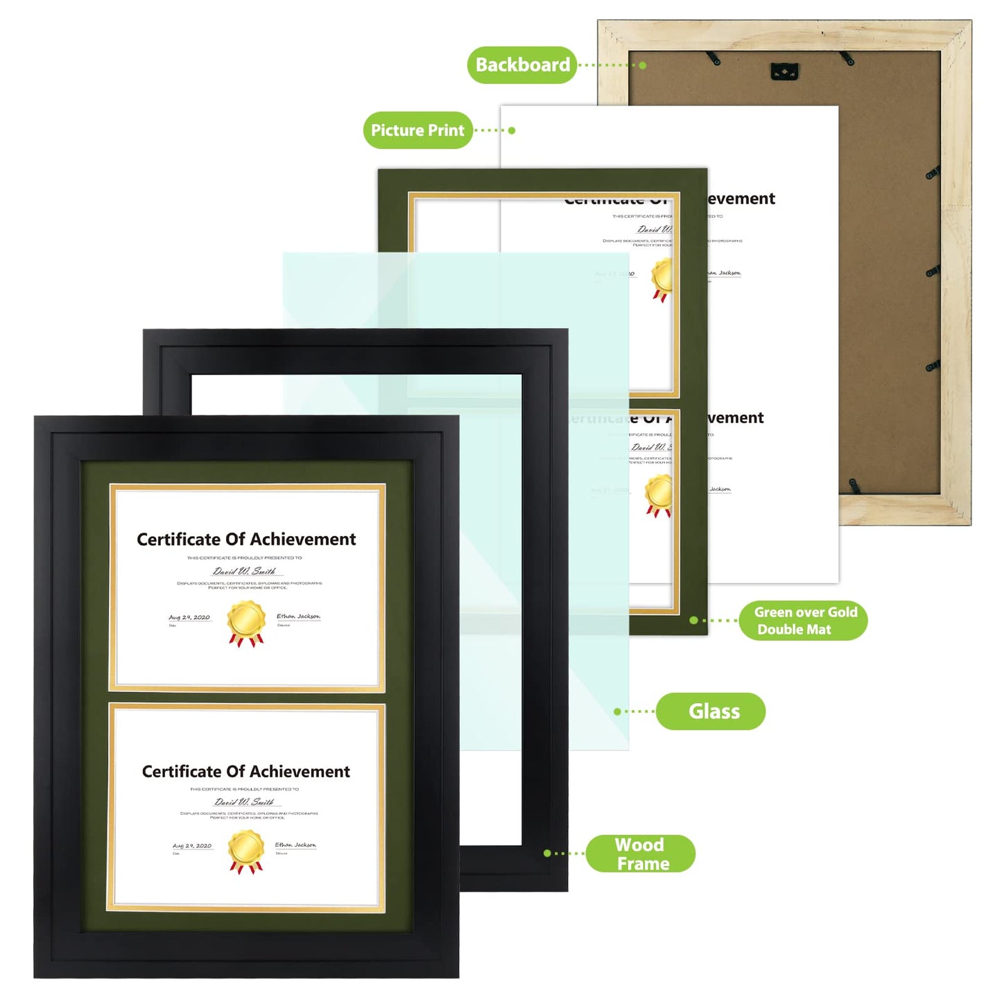 14x20 Double Diploma Frame, Black Frame to Display Double 8.5x11 Document, Solid Wood & Tempered Glass Protection