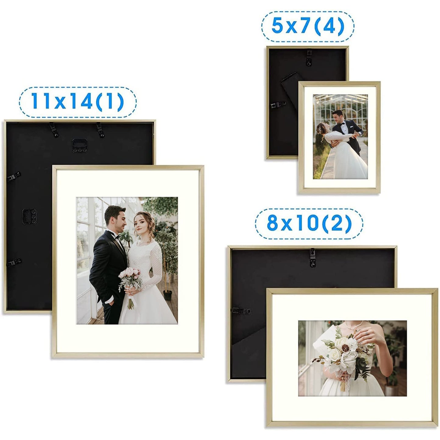 7 Pack Floating Frames for One 11x14, Two 8x10, and Four 5x7 Pictures. Aluminum Photos Frame for Wall Display