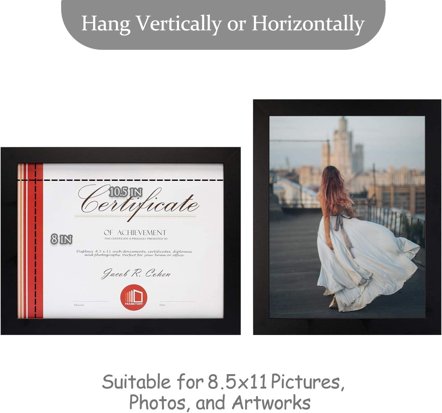 8.5 x 11 Picture Frame with Back Hangers for Wall Display, Easel Stand for Tabletop, for Certificates, Wide Molding