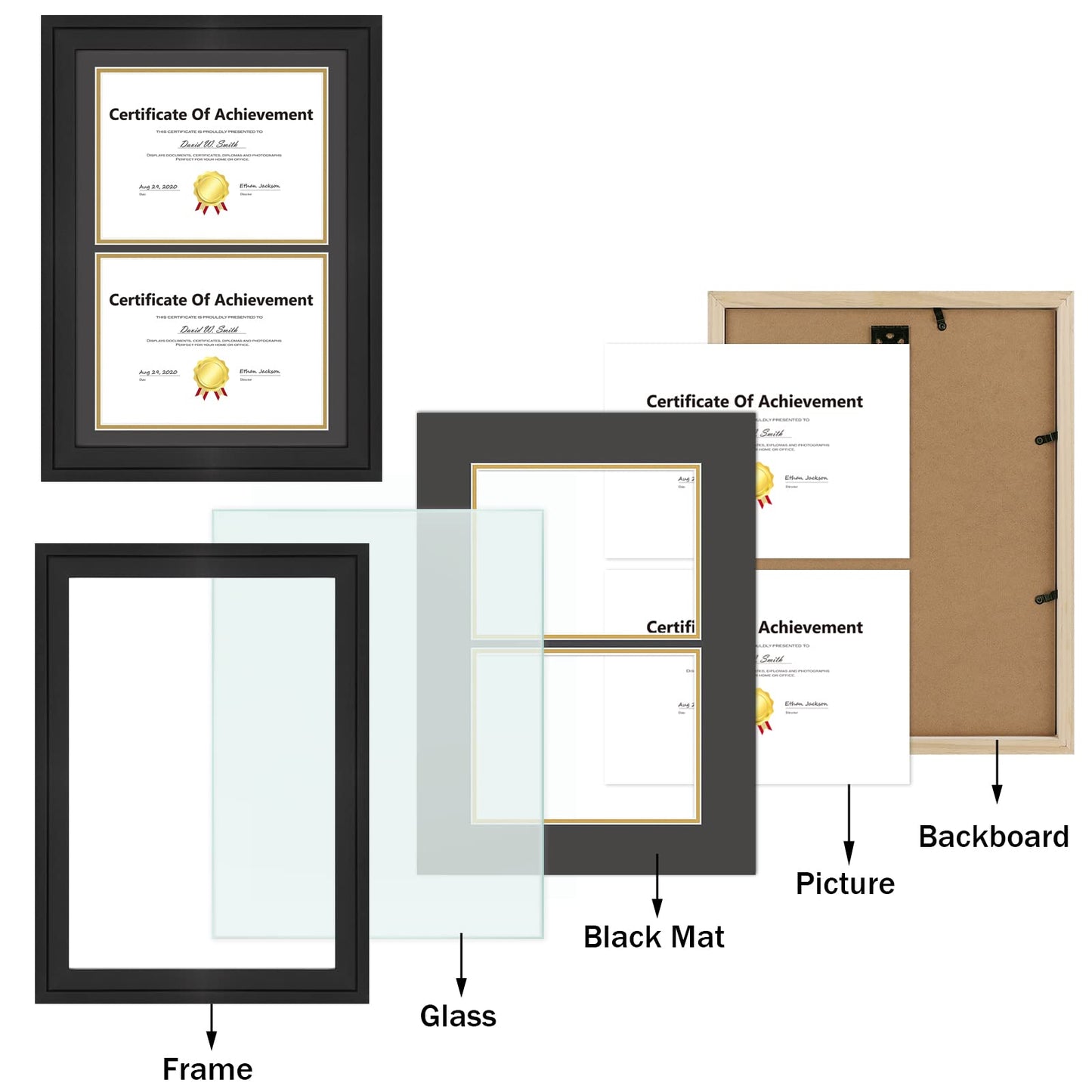 14x20 Double Diploma Frame, Black Frame to Display Double 8.5x11 Document, Solid Wood & Tempered Glass Protection