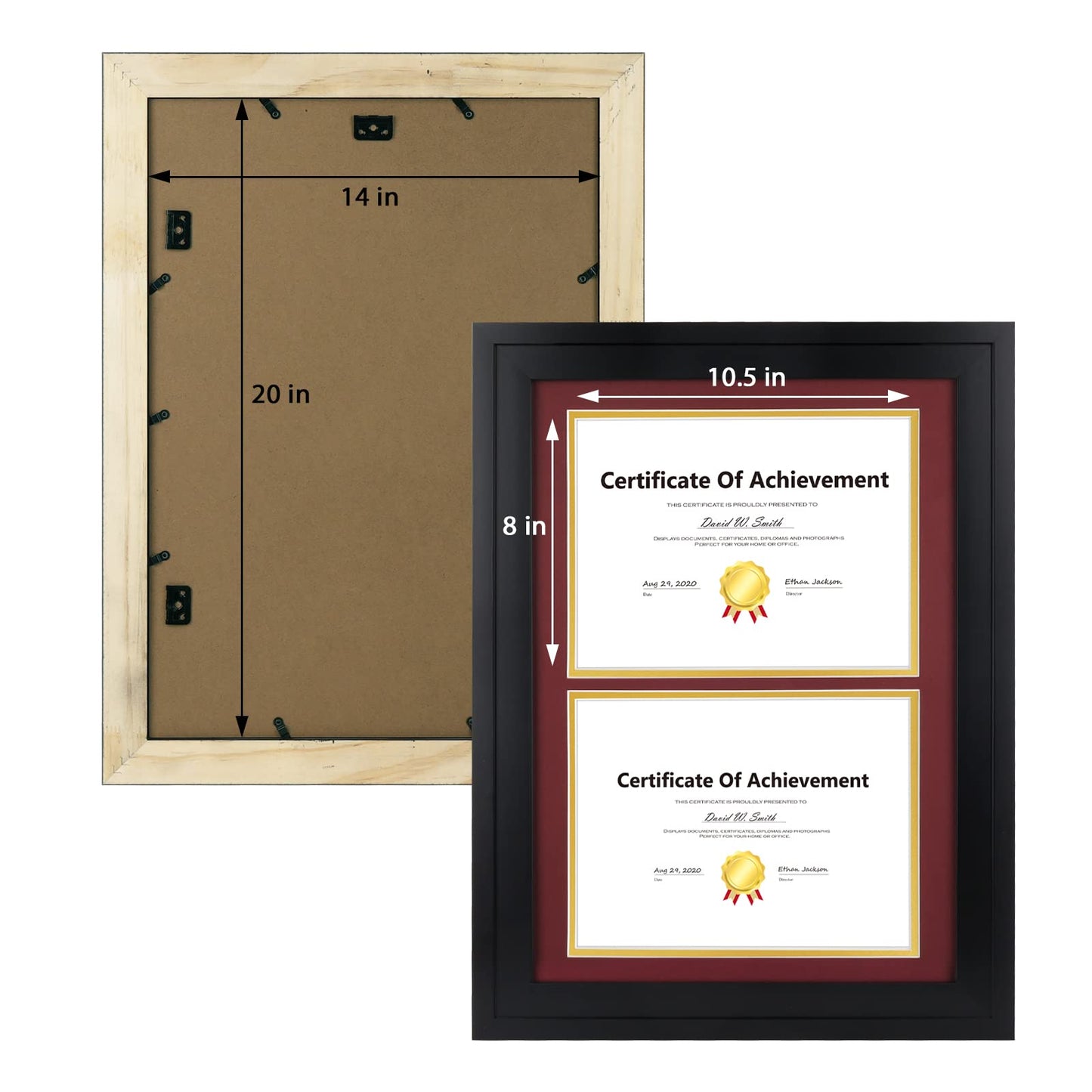 14x20 Double Diploma Frame, Black Frame to Display Double 8.5x11 Document, Solid Wood & Tempered Glass Protection