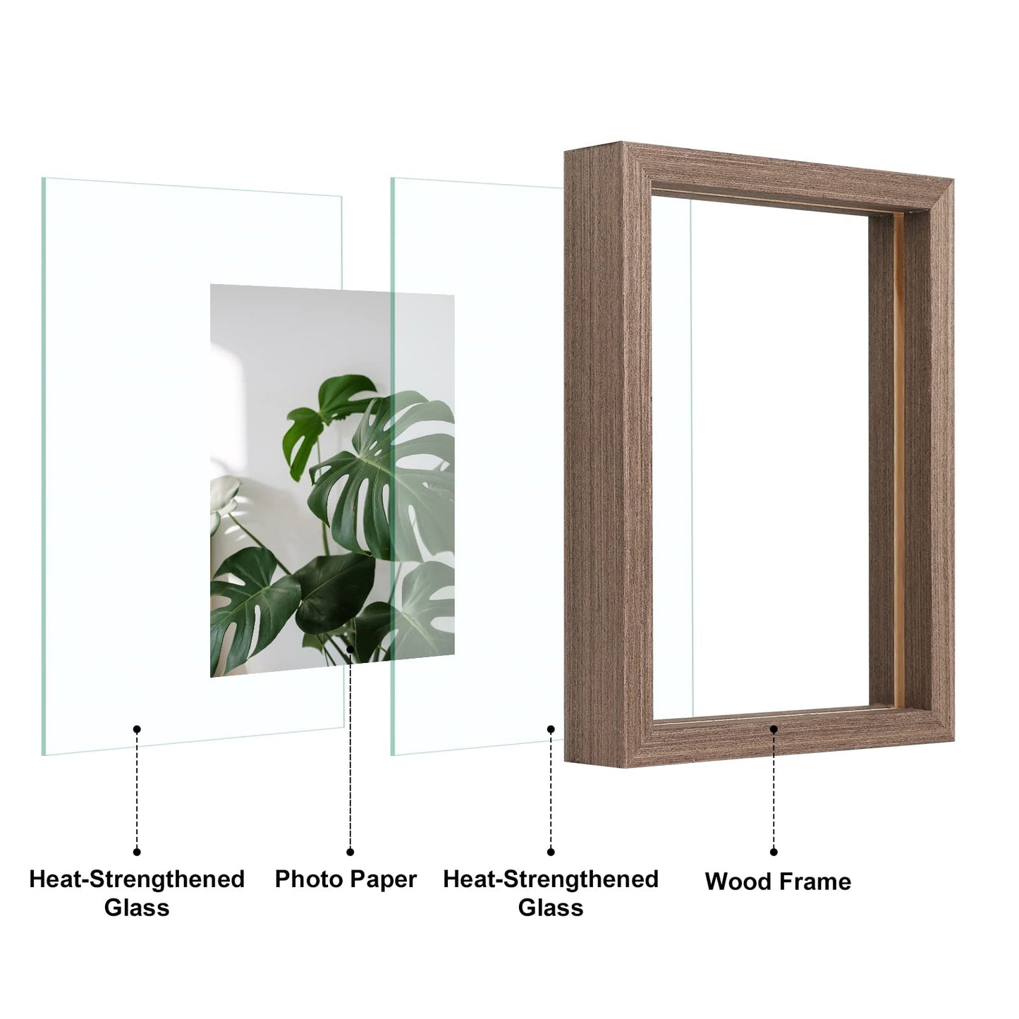 Floating Frames Set of 2, Double Glass Picture Frame, Made of Solid Wood Display Any Size Photo up to 11x14, Wall Mount or Tabletop Standing