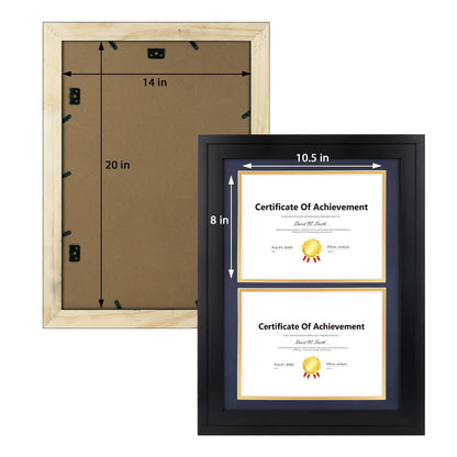 14x20 Double Diploma Frame, Black Frame to Display Double 8.5x11 Document, Solid Wood & Tempered Glass Protection