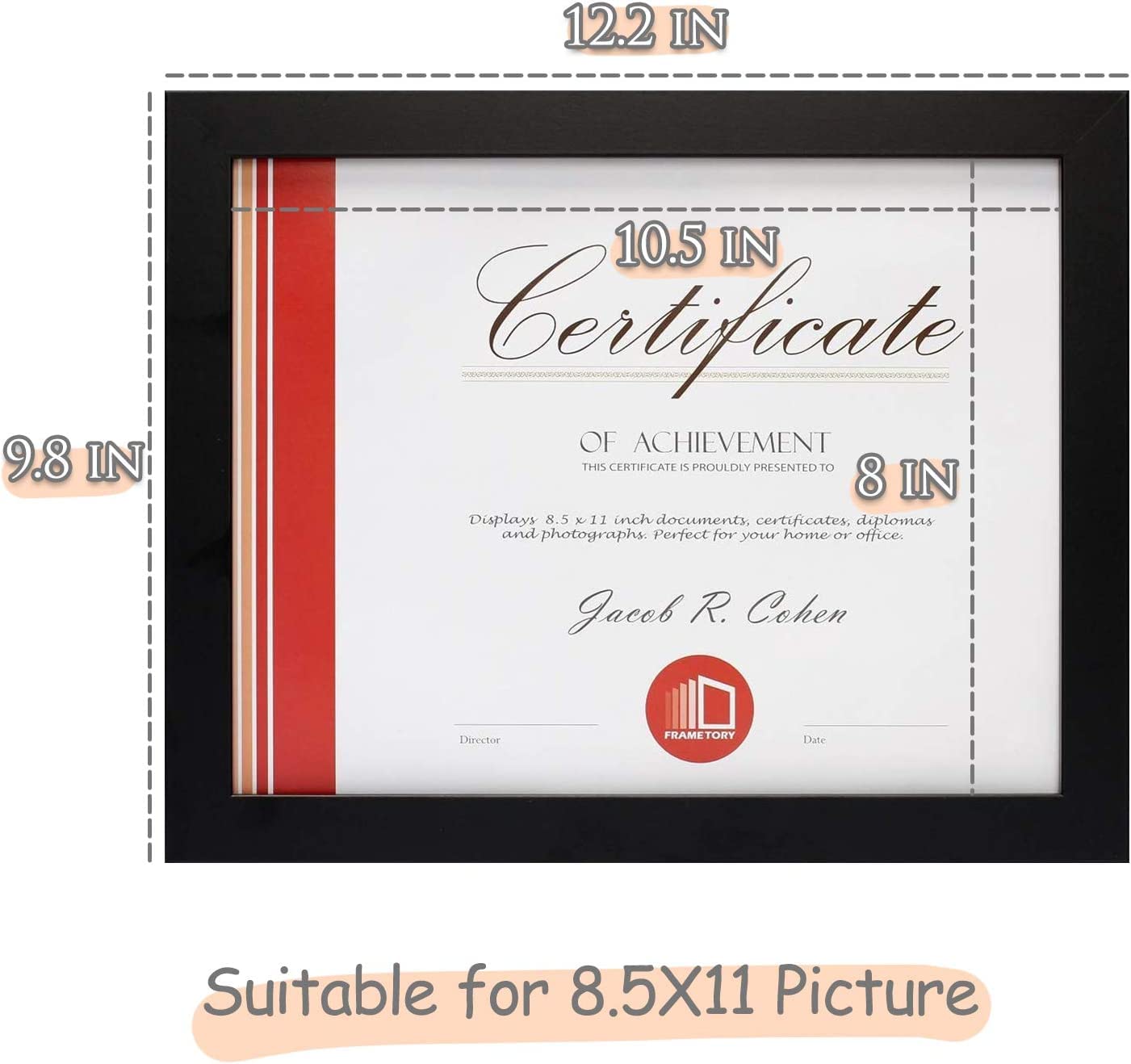 8.5 x 11 Picture Frame with Back Hangers for Wall Display, Easel Stand for Tabletop, for Certificates, Wide Molding