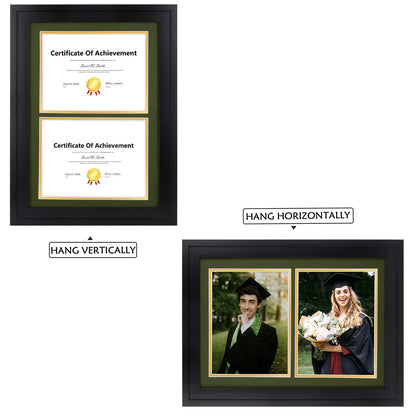 14x20 Double Diploma Frame, Black Frame to Display Double 8.5x11 Document, Solid Wood & Tempered Glass Protection