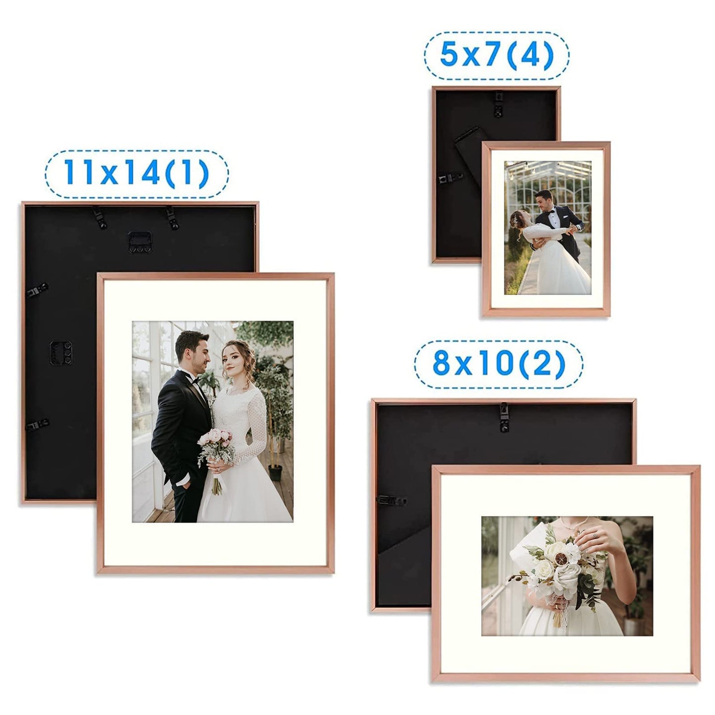 7 Pack Floating Frames for One 11x14, Two 8x10, and Four 5x7 Pictures. Aluminum Photos Frame for Wall Display