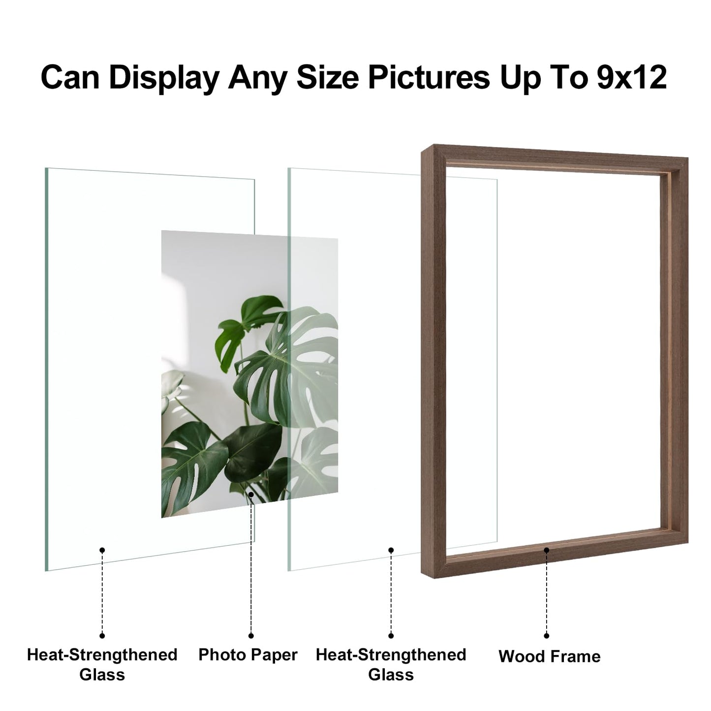 Floating Frames Set of 2, Double Glass Picture Frame, Made of Solid Wood Display Any Size Photo up to 11x14, Wall Mount or Tabletop Standing