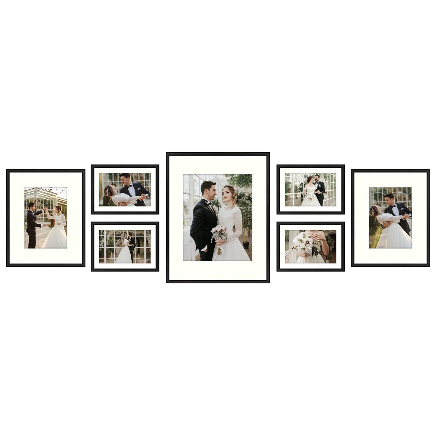 7 Pack Floating Frames for One 11x14, Two 8x10, and Four 5x7 Pictures. Aluminum Photos Frame for Wall Display