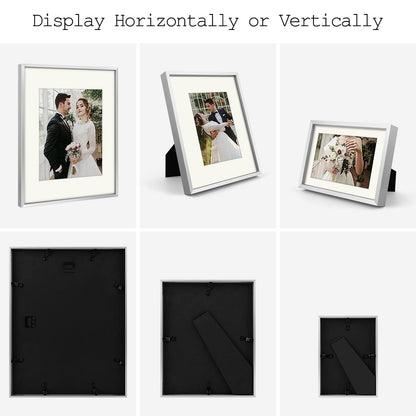 7 Pack Floating Frames for One 11x14, Two 8x10, and Four 5x7 Pictures. Aluminum Photos Frame for Wall Display