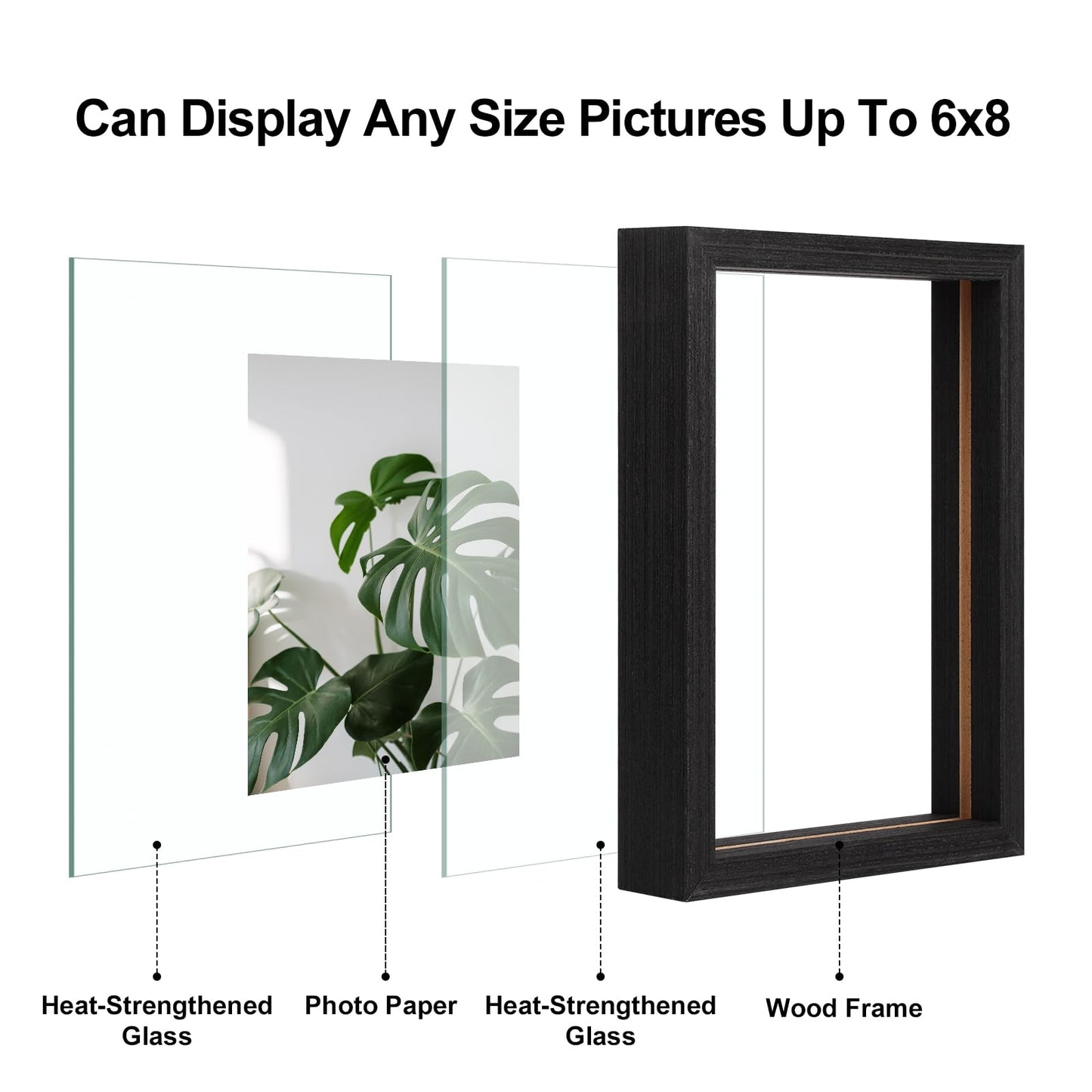 Floating Frames Set of 2, Double Glass Picture Frame, Made of Solid Wood Display Any Size Photo up to 11x14, Wall Mount or Tabletop Standing