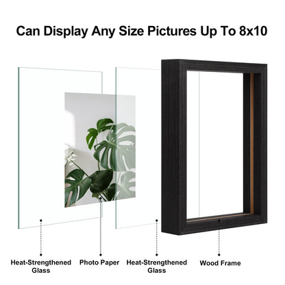 Floating Frames Set of 2, Double Glass Picture Frame, Made of Solid Wood Display Any Size Photo up to 11x14, Wall Mount or Tabletop Standing