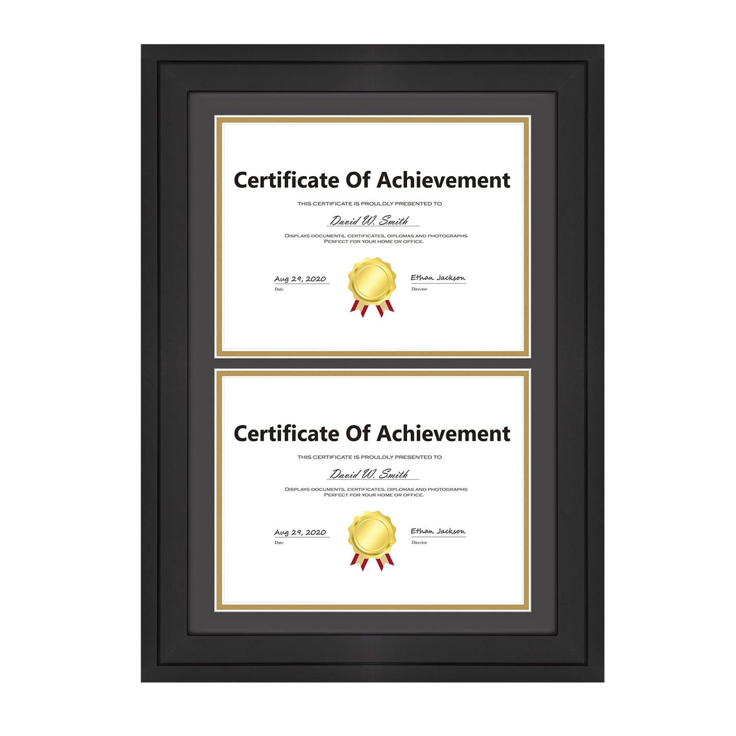 14x20 Double Diploma Frame, Black Frame to Display Double 8.5x11 Document, Solid Wood & Tempered Glass Protection