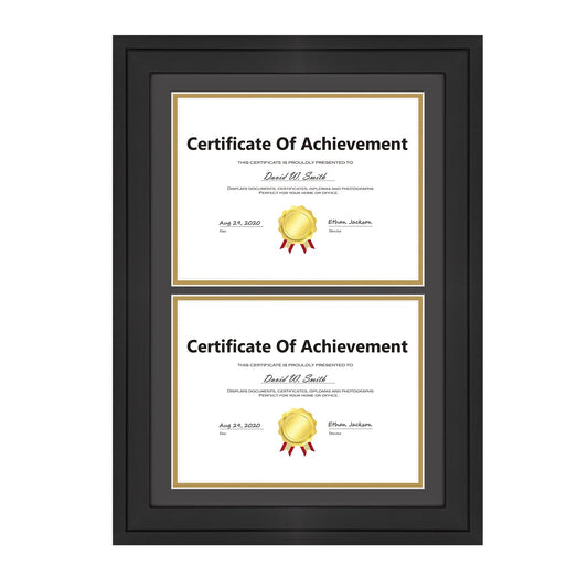 14x20 Double Diploma Frame, Black Frame to Display Double 8.5x11 Document, Solid Wood & Tempered Glass Protection