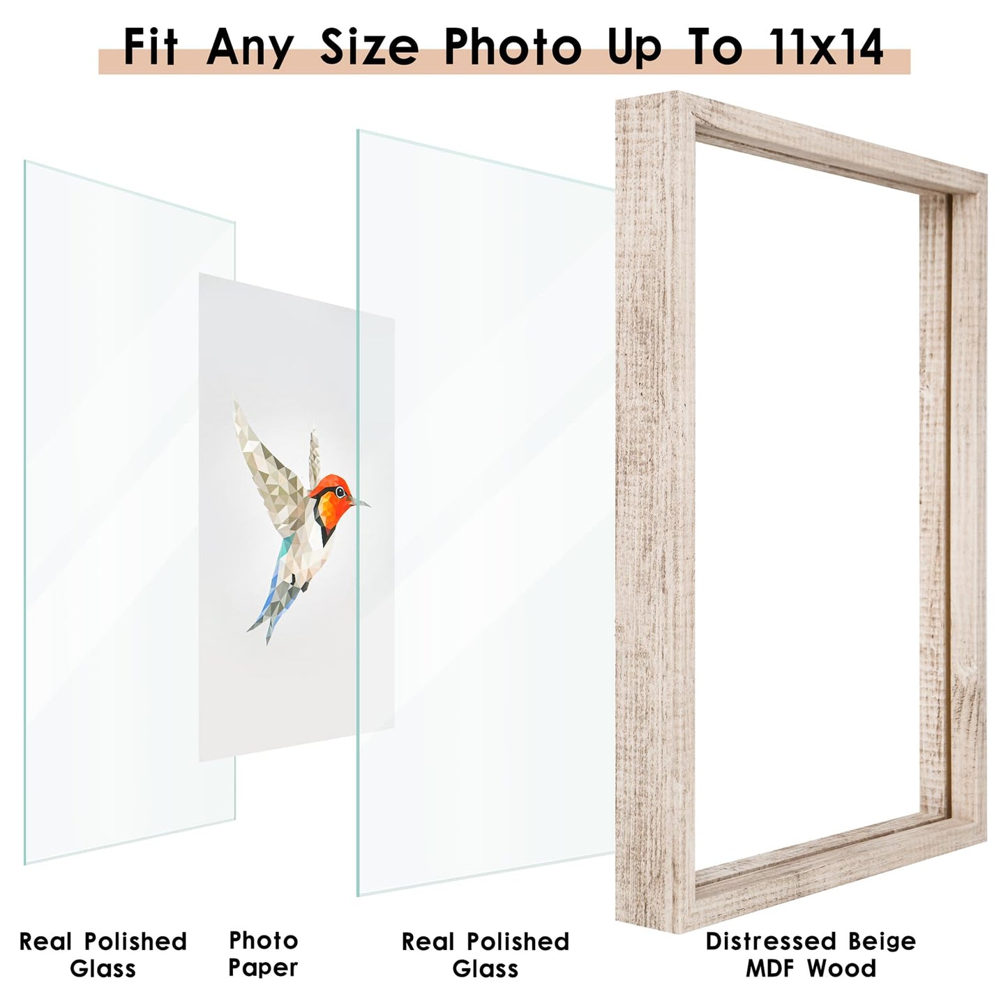 Floating Frame Set of 2, Double Glass Rustic Photo Frame for Wall Hanging or Tabletop, Display 4x6 or 3x5 Photo for Floating Effect