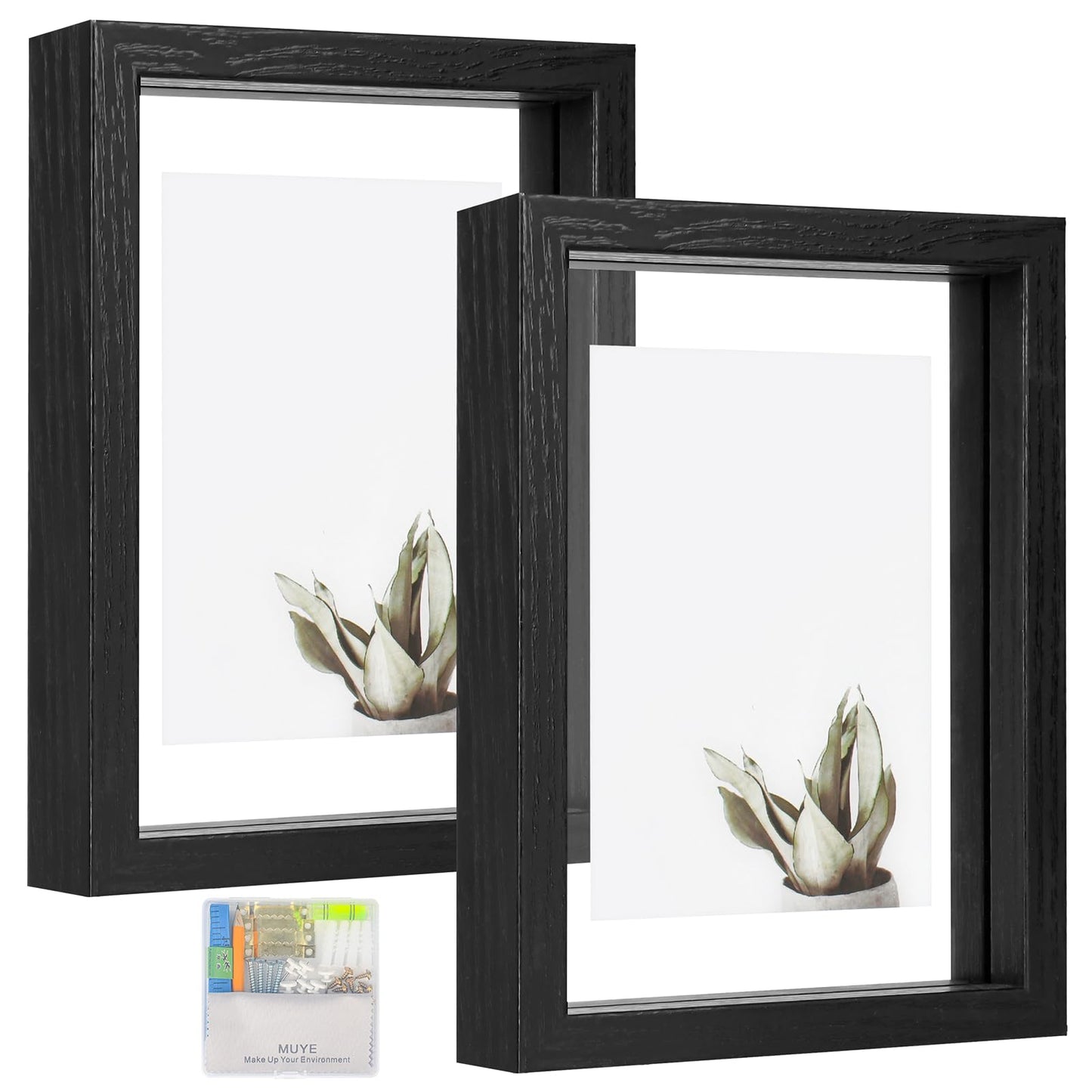 Floating Frame Set of 2, Double Glass Rustic Photo Frame for Wall Hanging or Tabletop, Display 4x6 or 3x5 Photo for Floating Effect