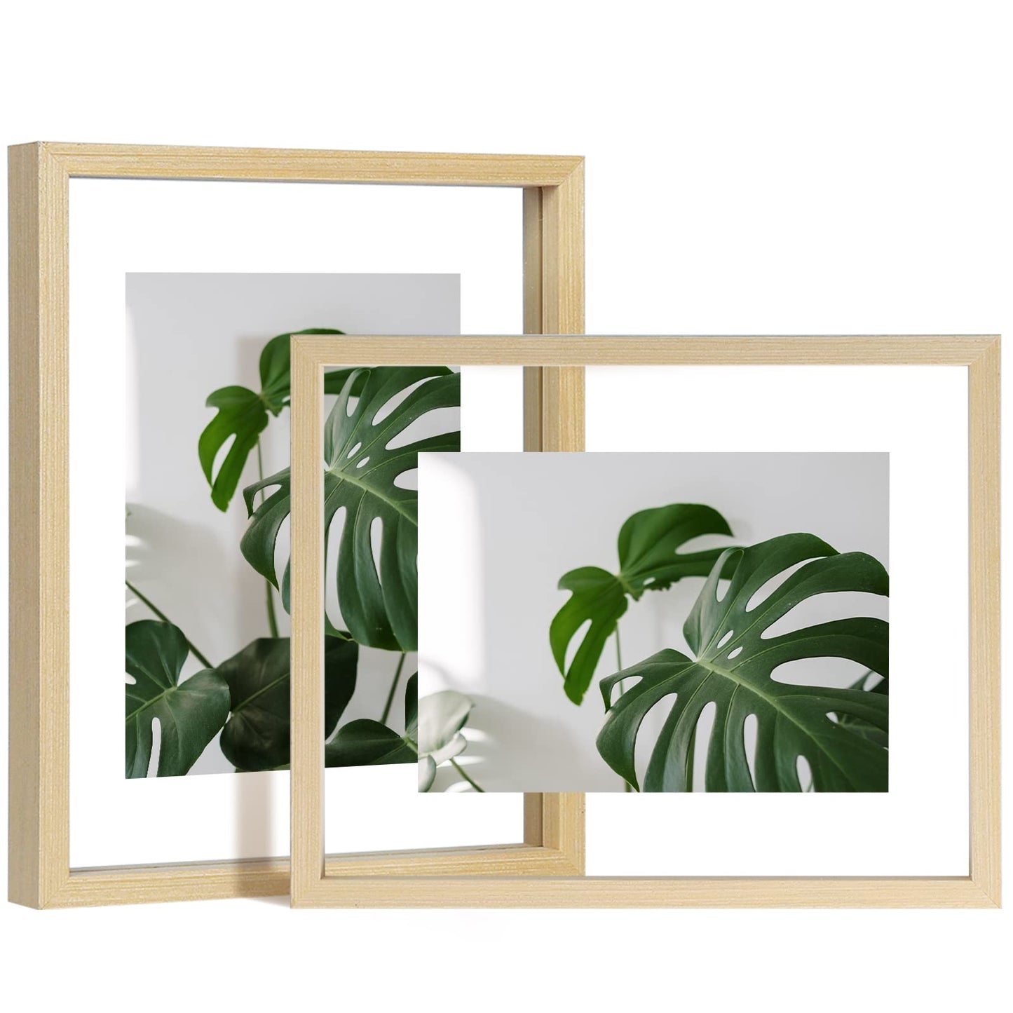 Floating Frames Set of 2, Double Glass Picture Frame, Made of Solid Wood Display Any Size Photo up to 11x14, Wall Mount or Tabletop Standing