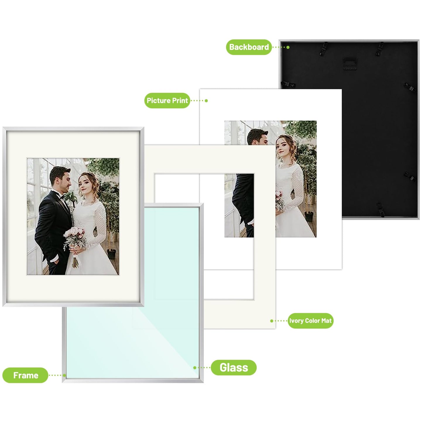 7 Pack Floating Frames for One 11x14, Two 8x10, and Four 5x7 Pictures. Aluminum Photos Frame for Wall Display