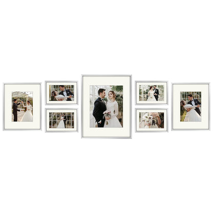 7 Pack Floating Frames for One 11x14, Two 8x10, and Four 5x7 Pictures. Aluminum Photos Frame for Wall Display