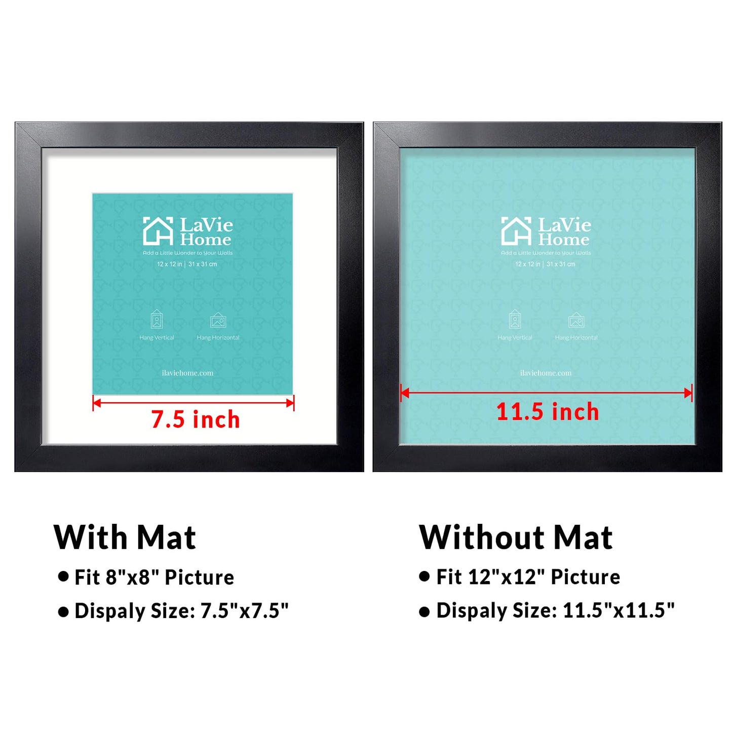 All Sizes Picture Frame, With or Without Mat, Stable and Sturdy Frame and Polished Plexiglass, Horizontal and Vertical Hanging