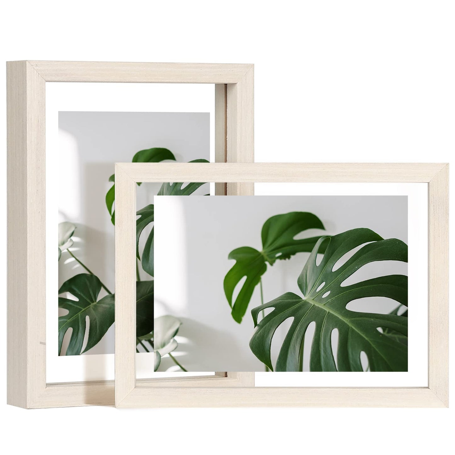 Floating Frames Set of 2, Double Glass Picture Frame, Made of Solid Wood Display Any Size Photo up to 11x14, Wall Mount or Tabletop Standing