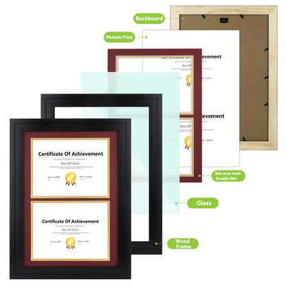 14x20 Double Diploma Frame, Black Frame to Display Double 8.5x11 Document, Solid Wood & Tempered Glass Protection