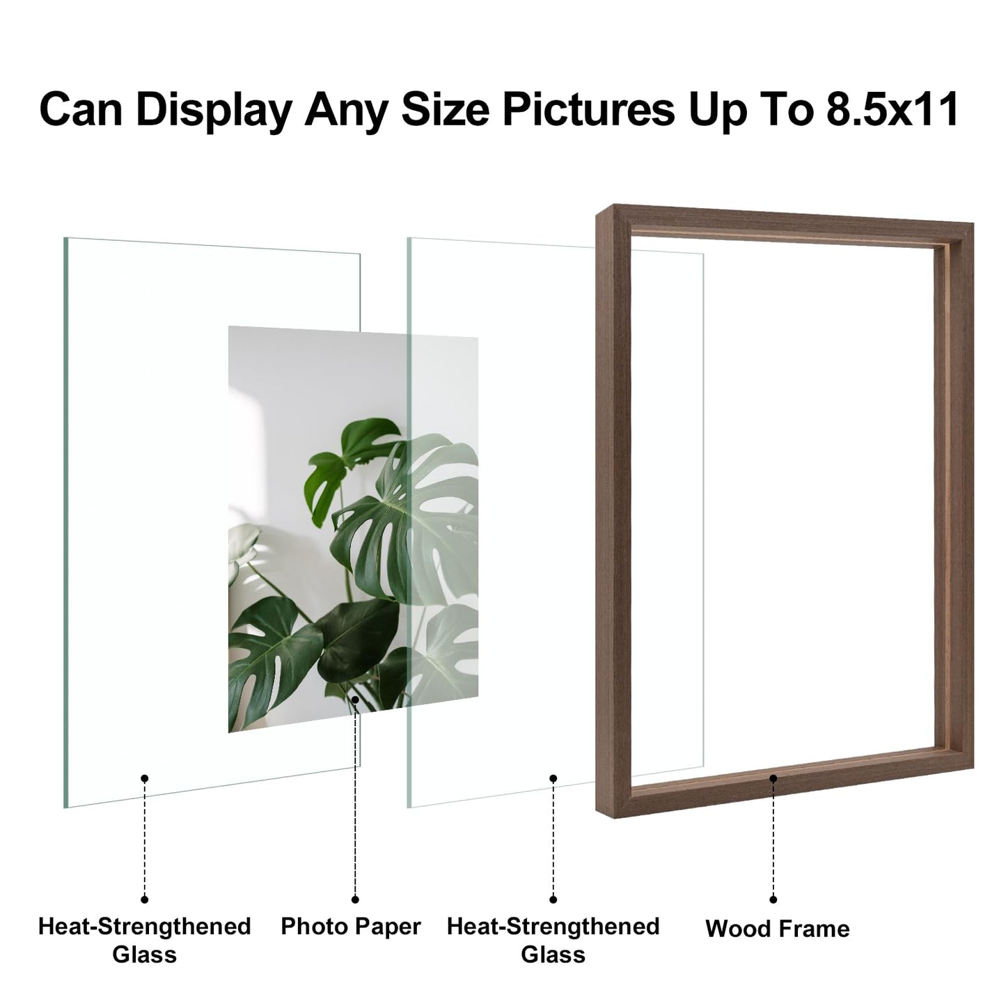 Floating Frames Set of 2, Double Glass Picture Frame, Made of Solid Wood Display Any Size Photo up to 11x14, Wall Mount or Tabletop Standing