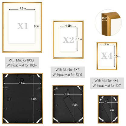 7 Pack Floating Frames for One 11x14, Two 8x10, and Four 5x7 Pictures. Aluminum Photos Frame for Wall Display