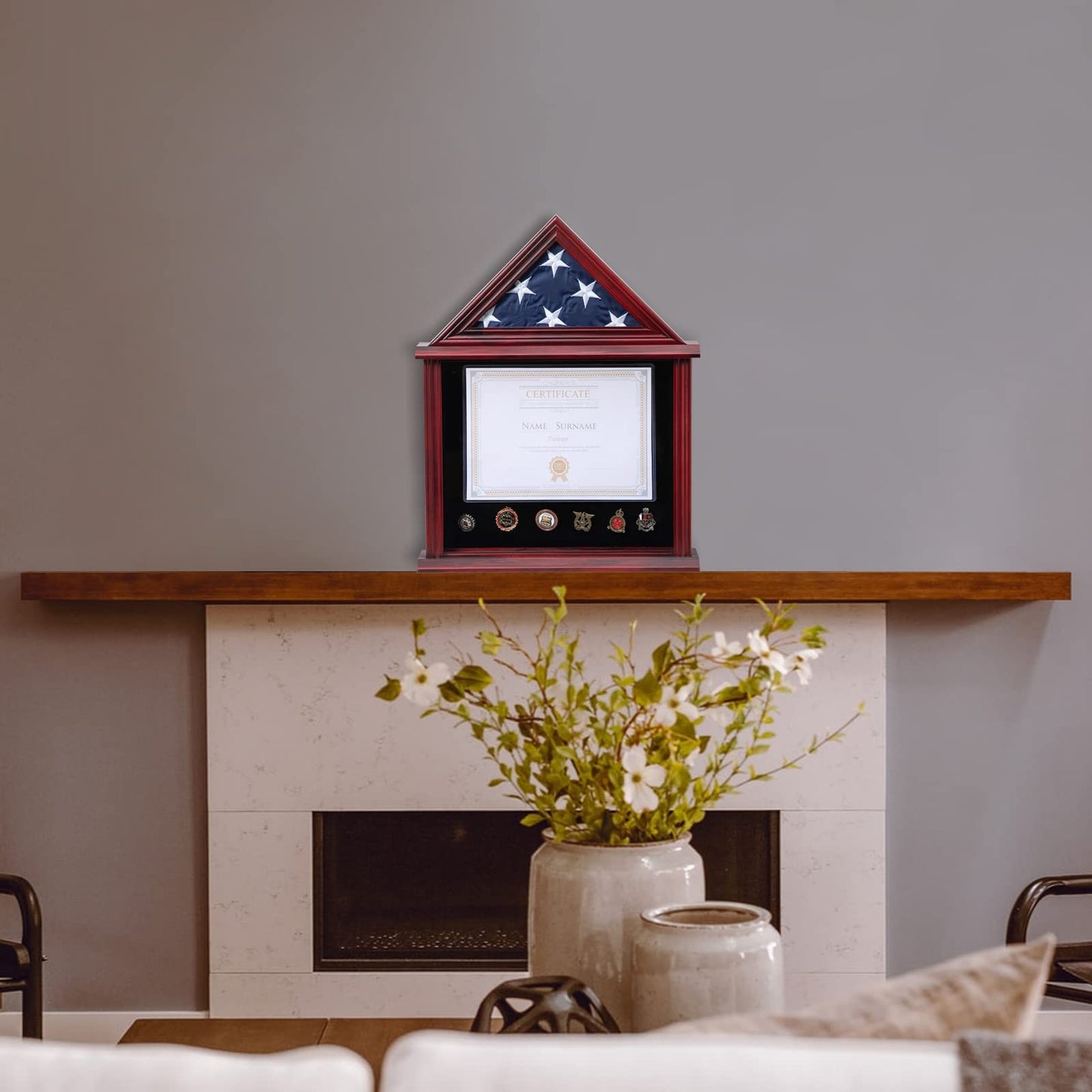 Large Military Shadow Box Solid Wood Burial Flag Display Case for American Veteran Display Fits a Folded 5'x9.5' Flag Mahogany Finish