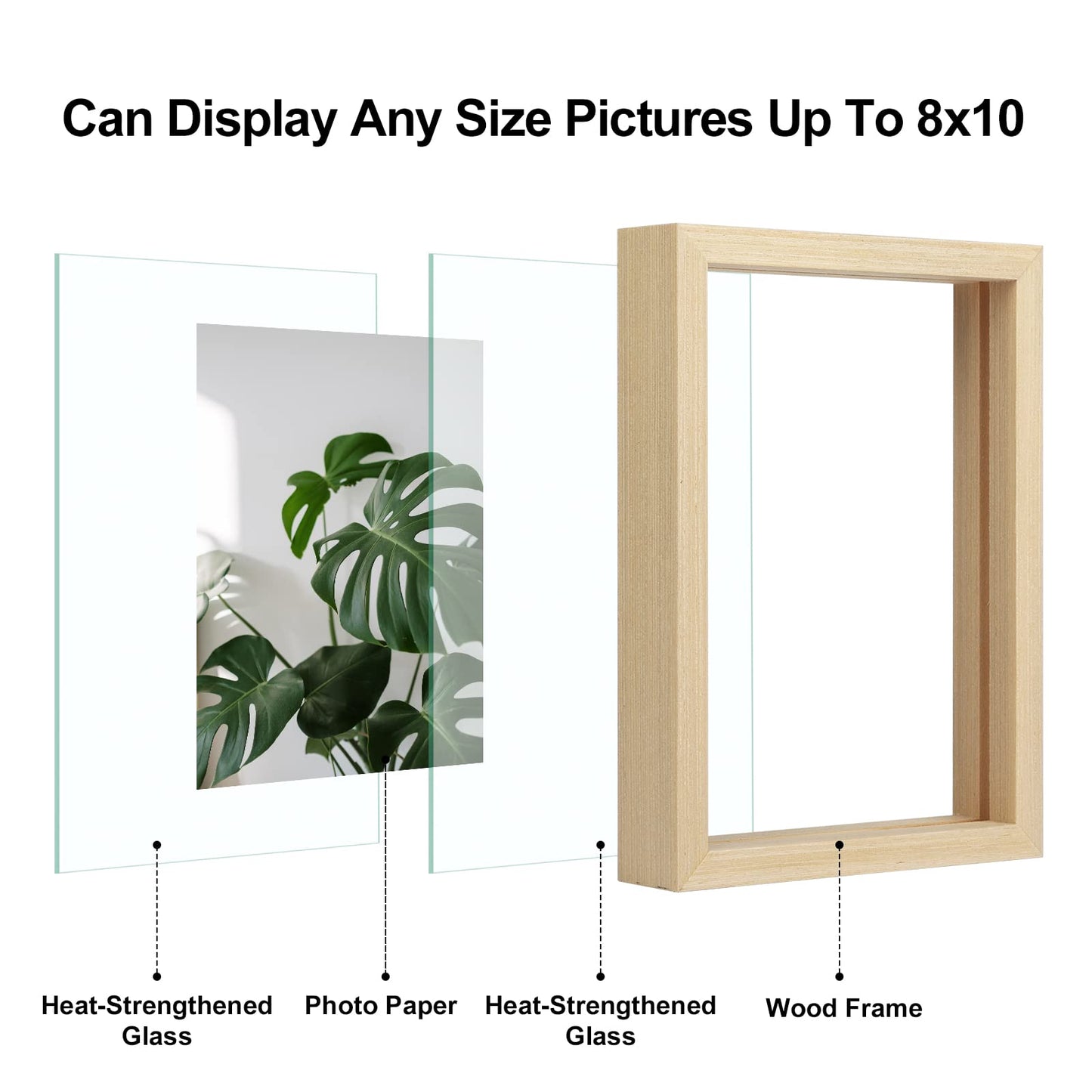 Floating Frames Set of 2, Double Glass Picture Frame, Made of Solid Wood Display Any Size Photo up to 11x14, Wall Mount or Tabletop Standing