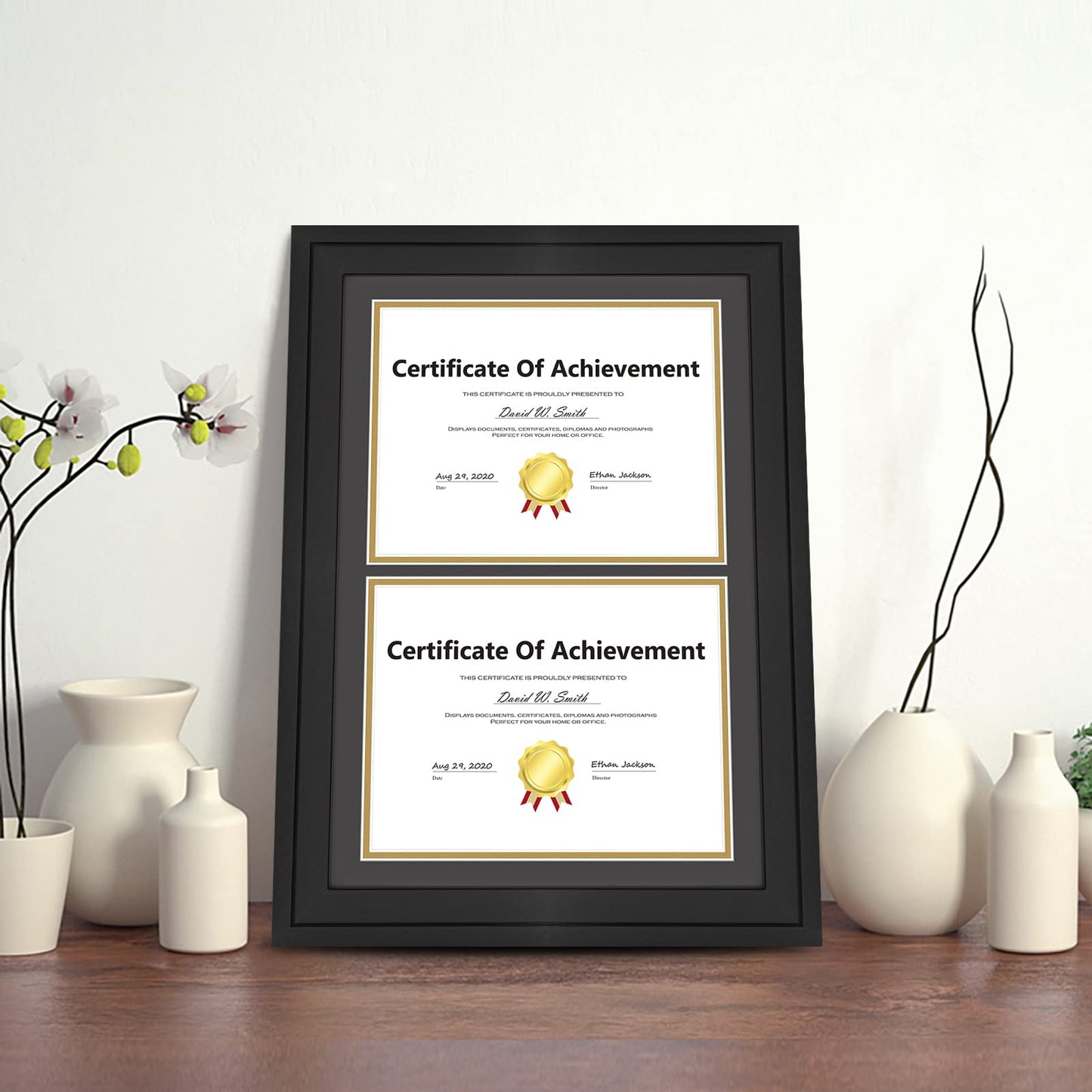 14x20 Double Diploma Frame, Black Frame to Display Double 8.5x11 Document, Solid Wood & Tempered Glass Protection