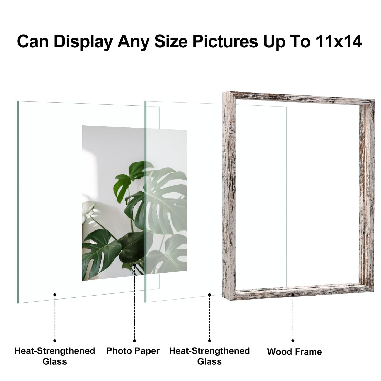 Floating Frames Set of 2, Double Glass Picture Frame, Made of Solid Wood Display Any Size Photo up to 11x14, Wall Mount or Tabletop Standing