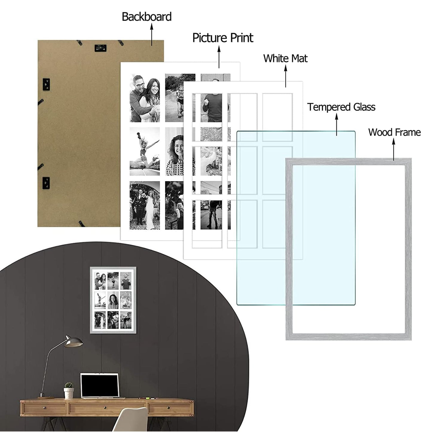 13.6x19.7 Wood Collage Frame with Real Glass and White Displays (9) 4x6 Pictures