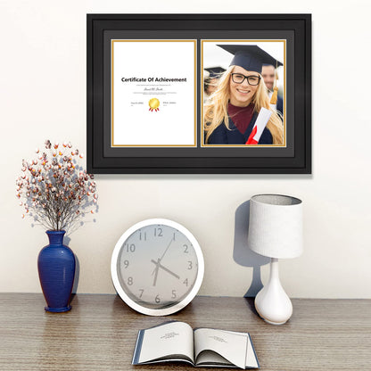 14x20 Double Diploma Frame, Black Frame to Display Double 8.5x11 Document, Solid Wood & Tempered Glass Protection