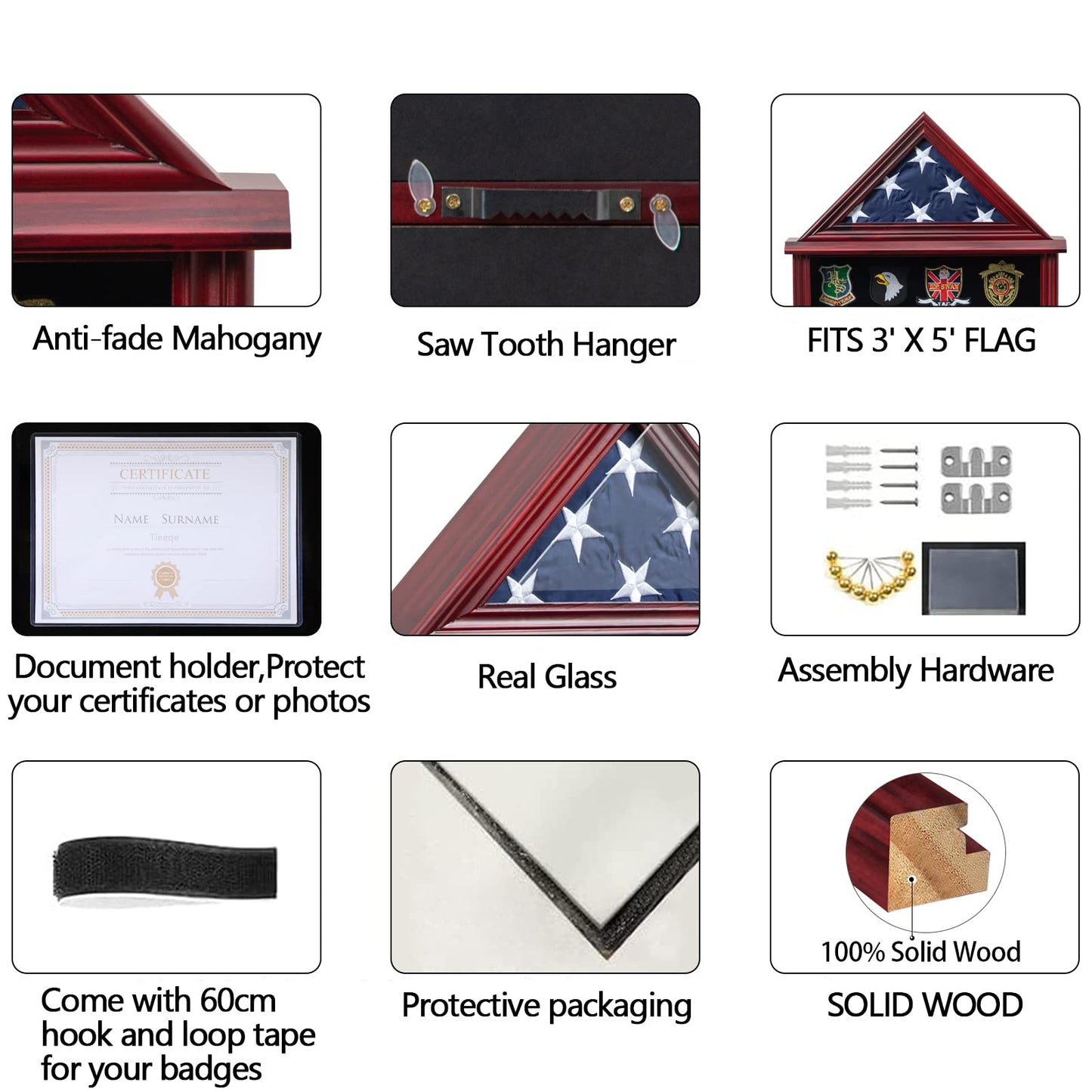 Large Military Shadow Box Solid Wood Burial Flag Display Case for American Veteran Display Fits a Folded 5'x9.5' Flag Mahogany Finish