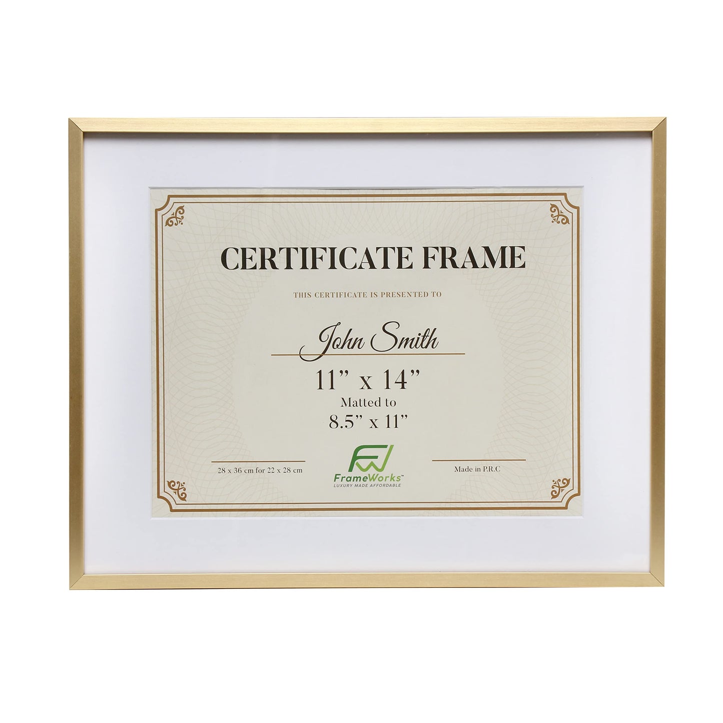 11”x14” Matted to 8.5”x11” – Deluxe Brass Gold Aluminum Contemporary Diploma Frame with Tempered Glass and Removable Mat