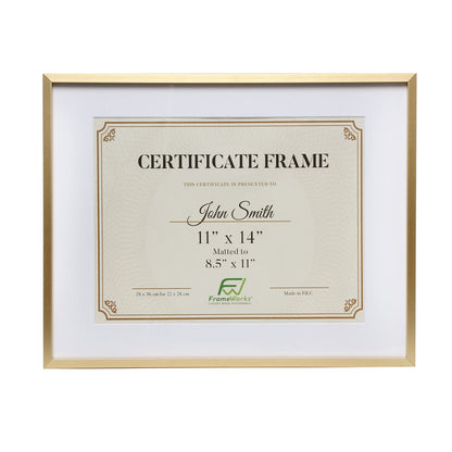 11”x14” Matted to 8.5”x11” – Deluxe Brass Gold Aluminum Contemporary Diploma Frame with Tempered Glass and Removable Mat