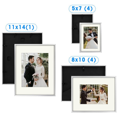 7 Pack Floating Frames for One 11x14, Two 8x10, and Four 5x7 Pictures. Aluminum Photos Frame for Wall Display