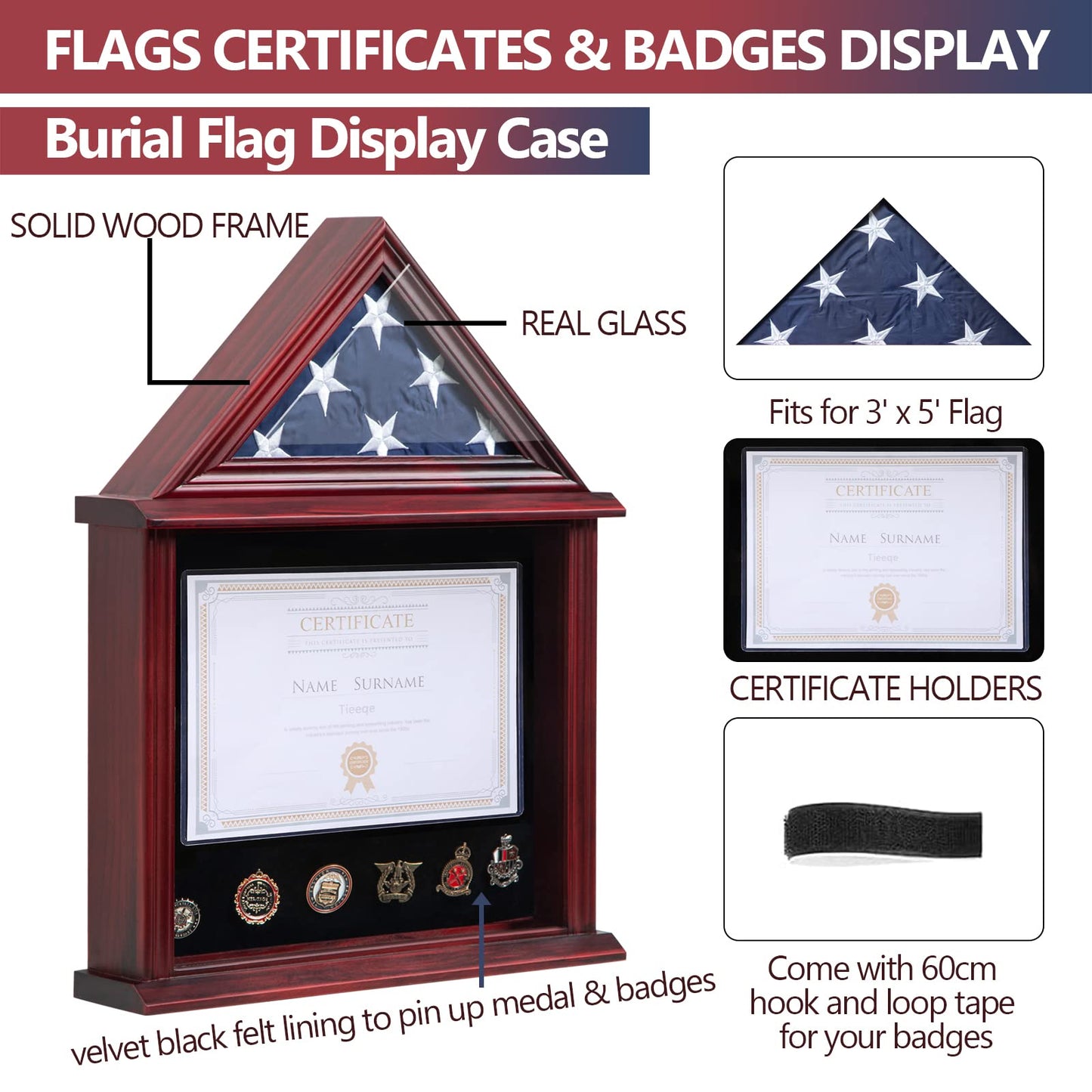 Large Military Shadow Box Solid Wood Burial Flag Display Case for American Veteran Display Fits a Folded 5'x9.5' Flag Mahogany Finish