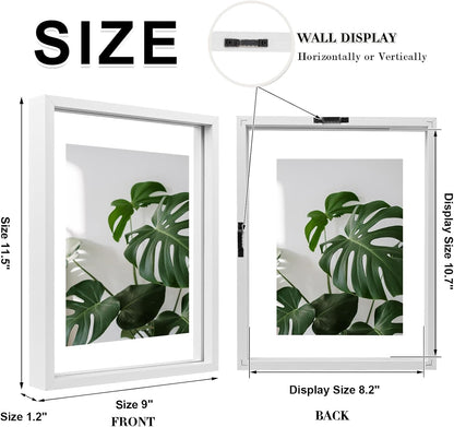 Floating Frames Set of 2, Double Glass Picture Frame, Made of Solid Wood Display Any Size Photo up to 11x14, Wall Mount or Tabletop Standing