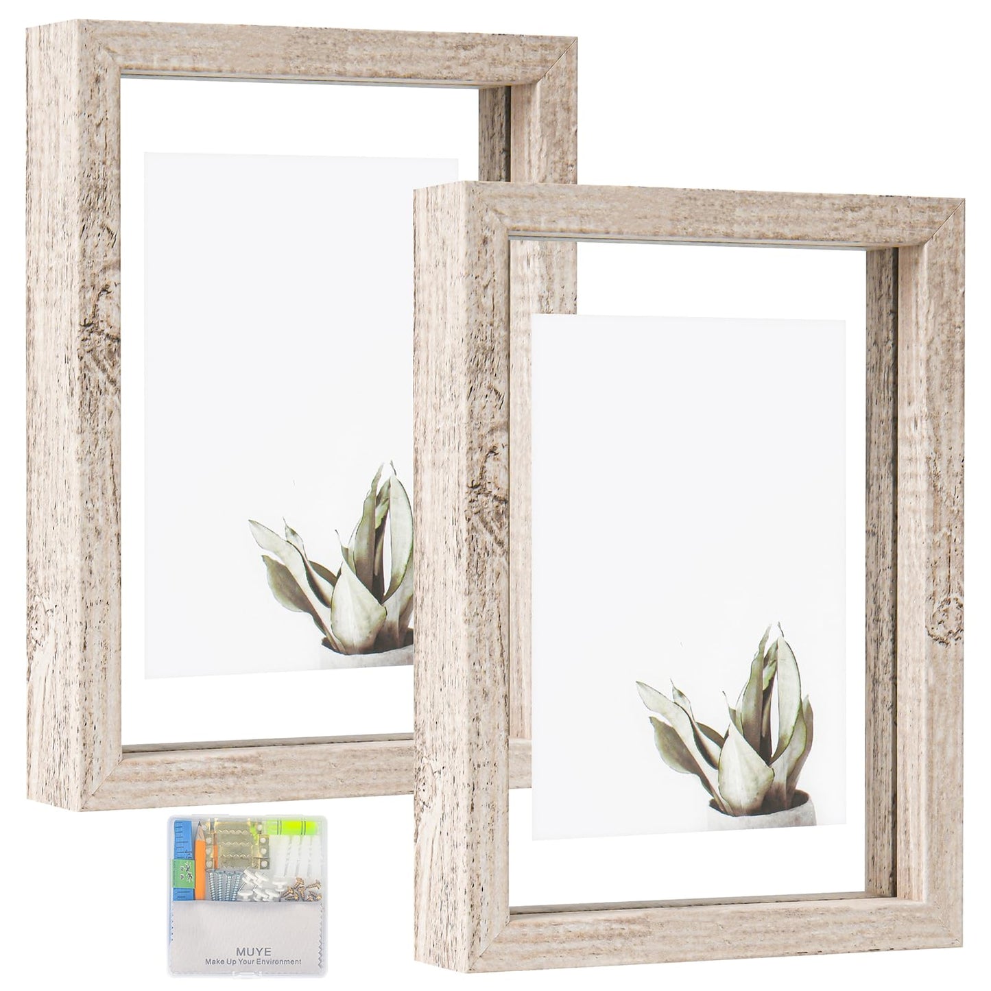 Floating Frame Set of 2, Double Glass Rustic Photo Frame for Wall Hanging or Tabletop, Display 4x6 or 3x5 Photo for Floating Effect