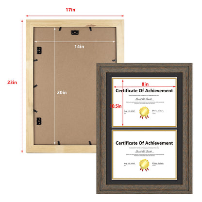 14x20 Double Diploma Frame, Black Frame to Display Double 8.5x11 Document, Solid Wood & Tempered Glass Protection