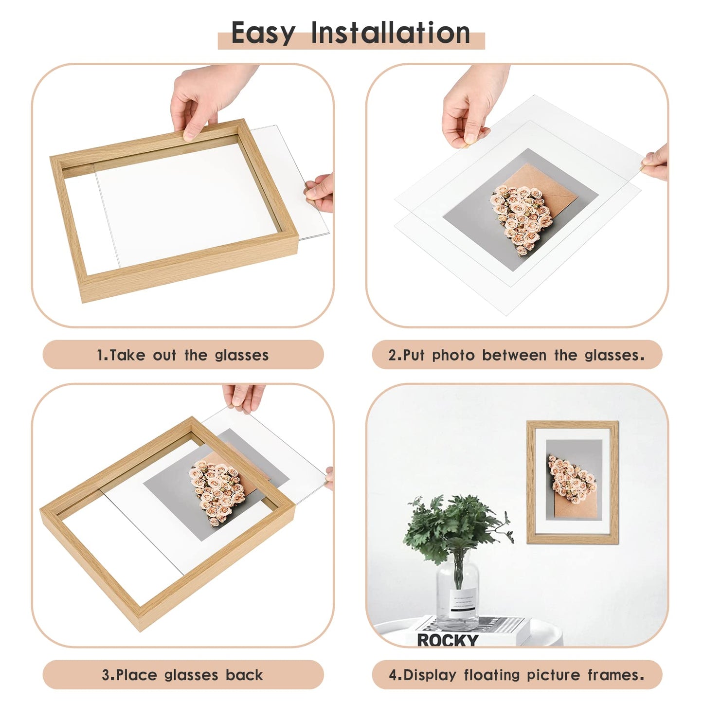 Floating Frame Set of 2, Double Glass Rustic Photo Frame for Wall Hanging or Tabletop, Display 4x6 or 3x5 Photo for Floating Effect